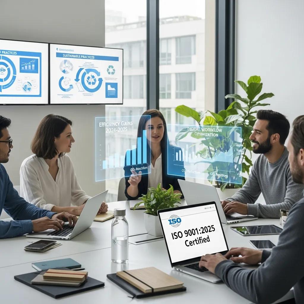 Diverse professionals discussing ISO certification trends in a modern office