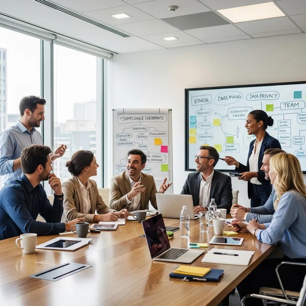 Diverse team collaborating in a modern office, emphasizing corporate culture and compliance