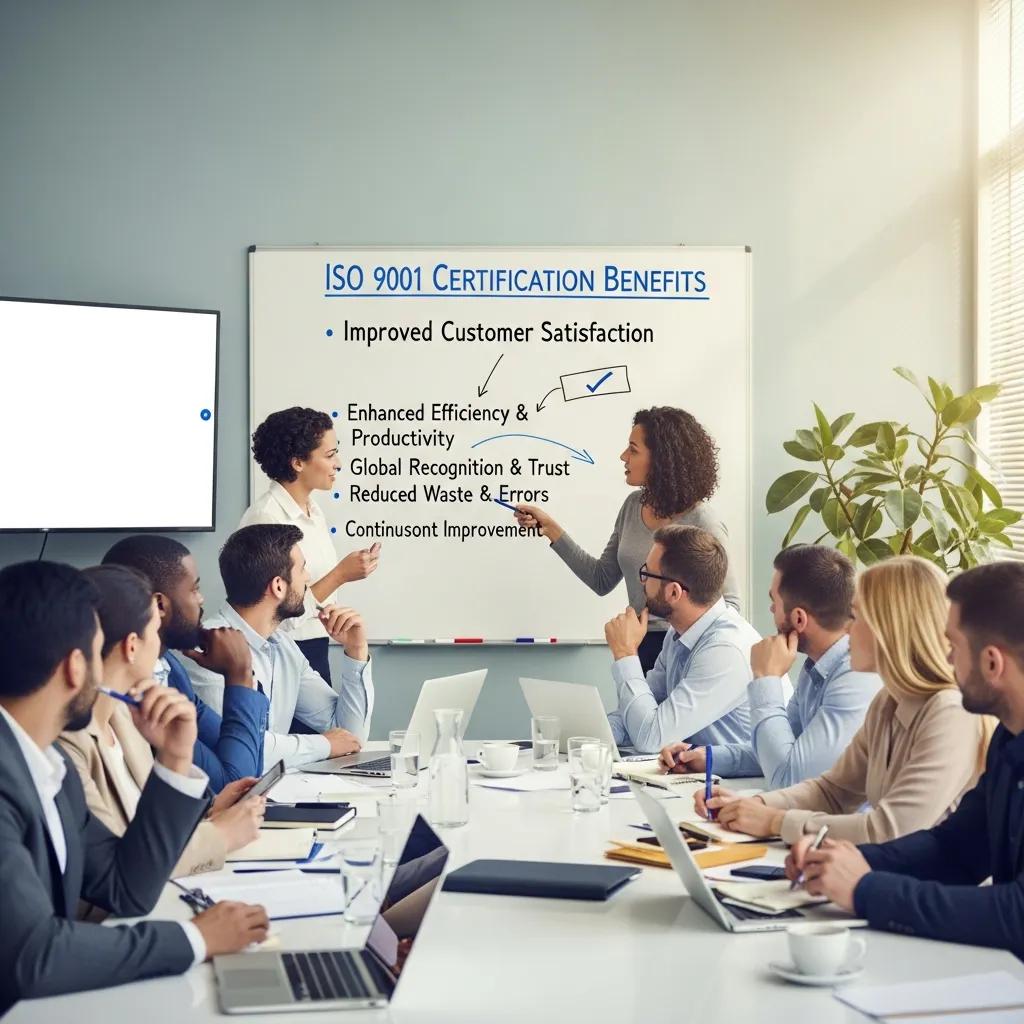 Diverse team discussing strategic benefits of ISO 9001 certification in a conference room