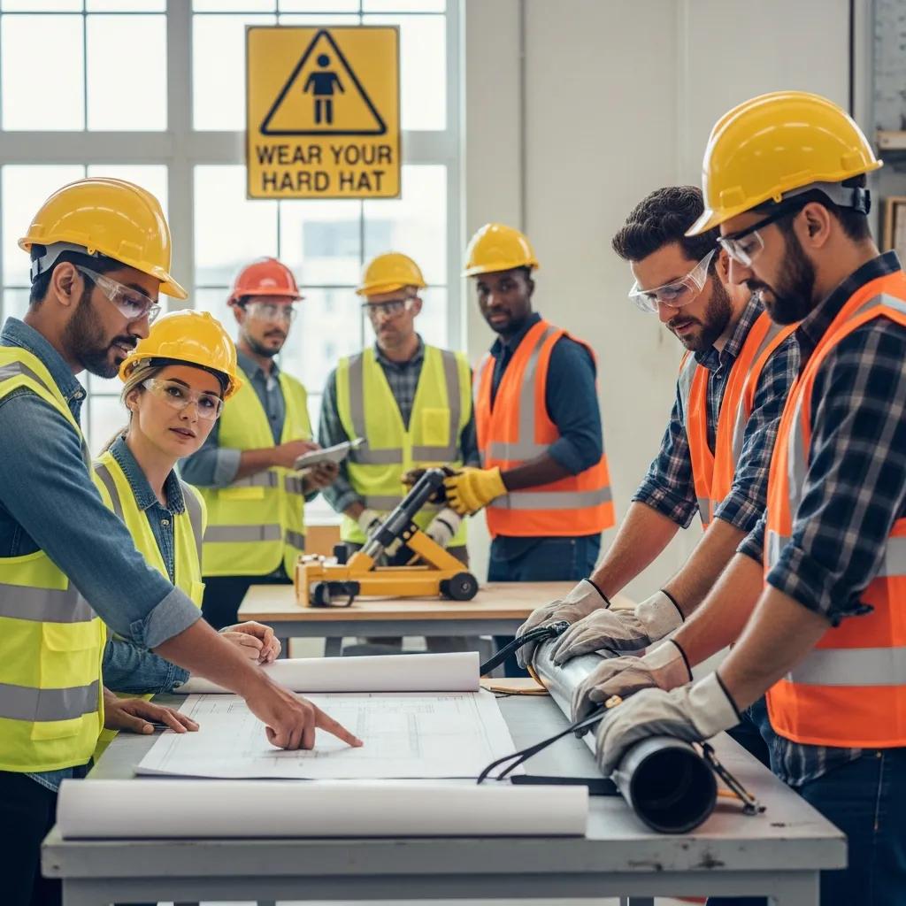 Diverse workers collaborating in a safe workplace, emphasizing occupational health and safety