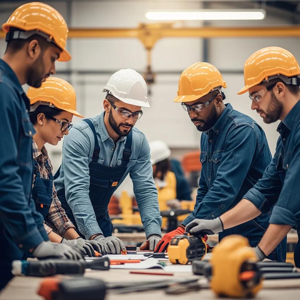 Diverse workers in safety gear collaborating in an industrial setting, emphasizing occupational safety and compliance