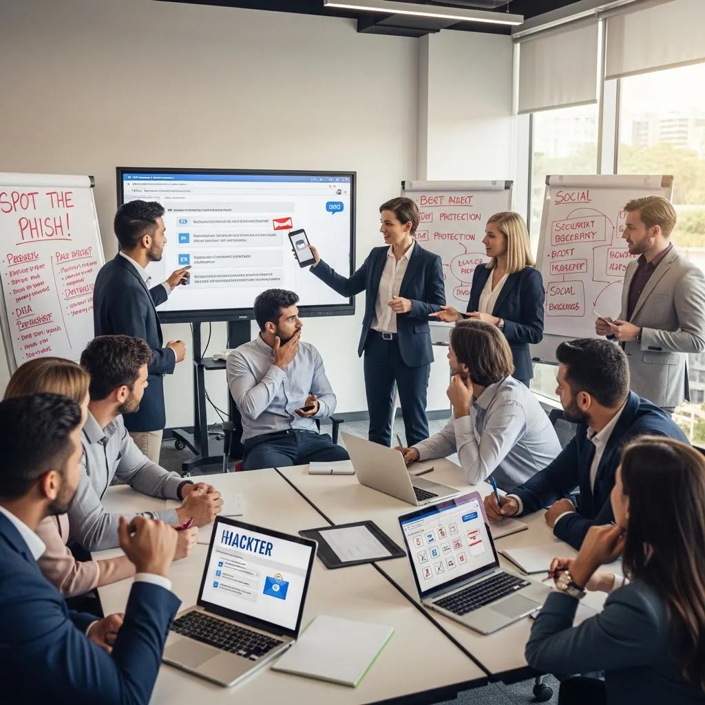 Employees engaged in a hands-on security awareness workshop, emphasizing collaboration and interactive learning in cybersecurity training