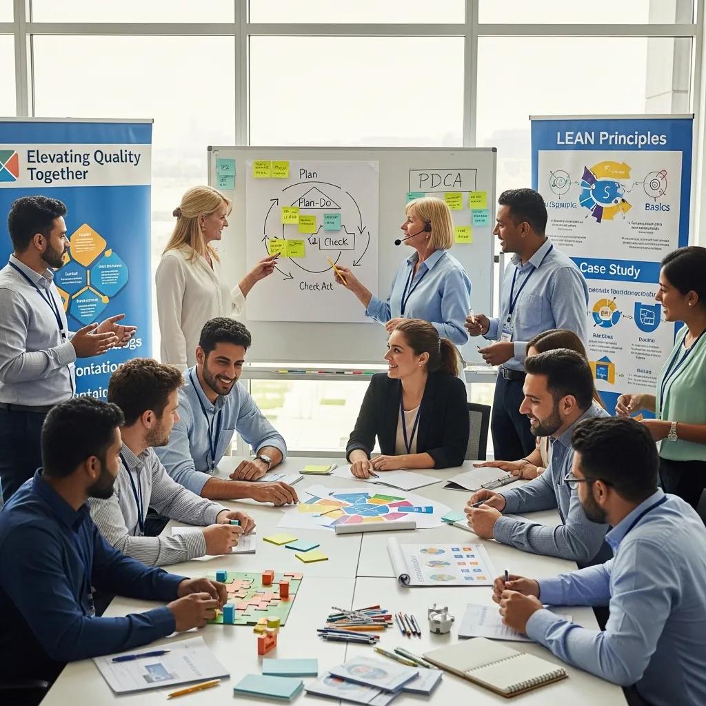 Employees engaged in a quality awareness training workshop, highlighting teamwork and interactive learning