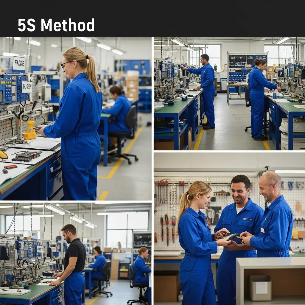 Employees enjoying the benefits of the 5S Method in a clean and organized workplace
