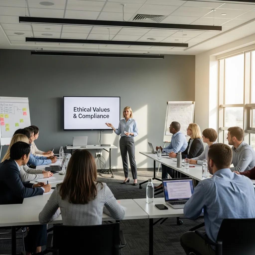 Employees participating in a training session on ethical corporate culture and compliance