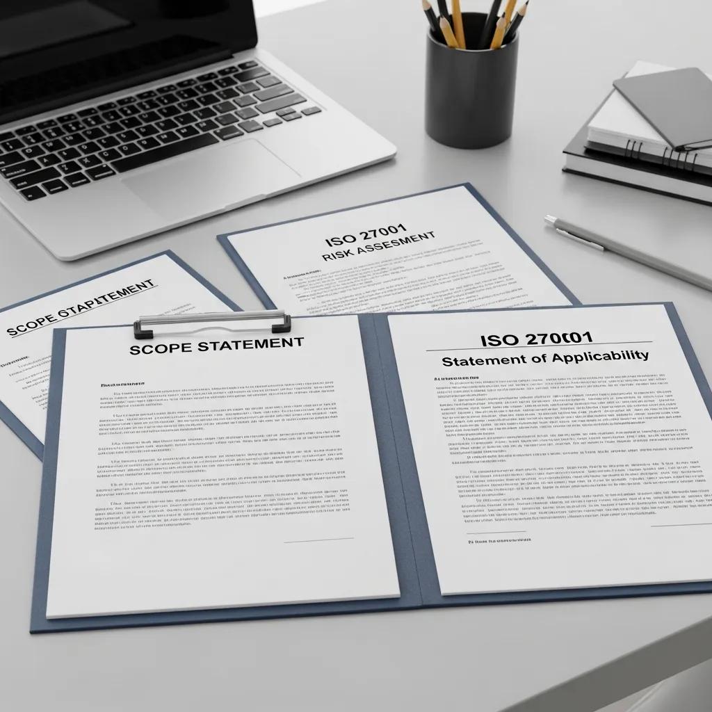 Essential ISO 27001 documents organized on a professional desk