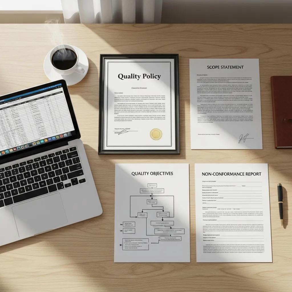 Essential ISO 9001 documents organized on a desk