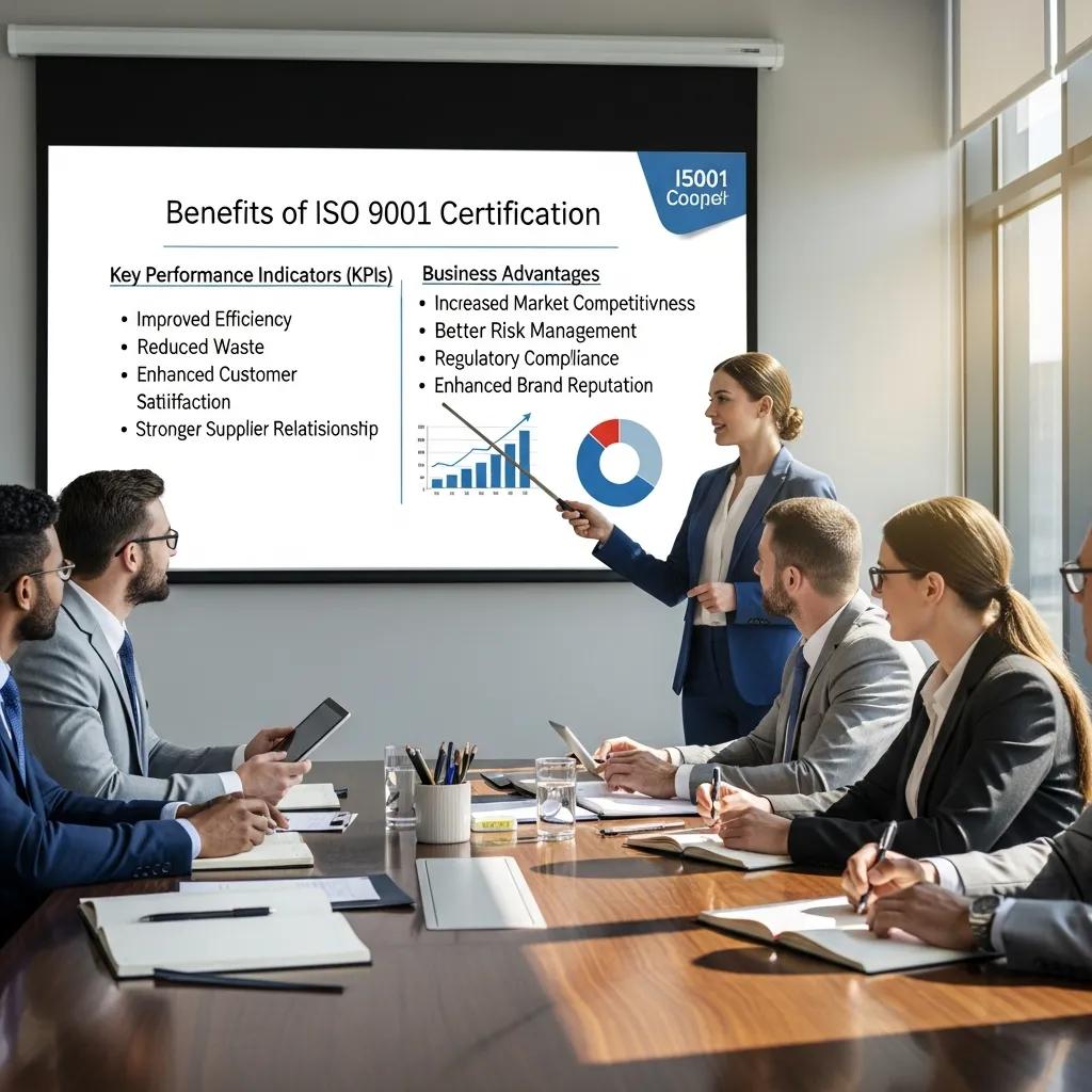 Executives discussing the benefits of ISO 9001 certification in a business meeting
