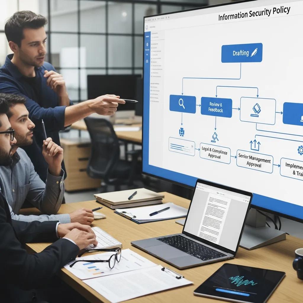Flowchart depicting the development process of an ISO 27001 information security policy