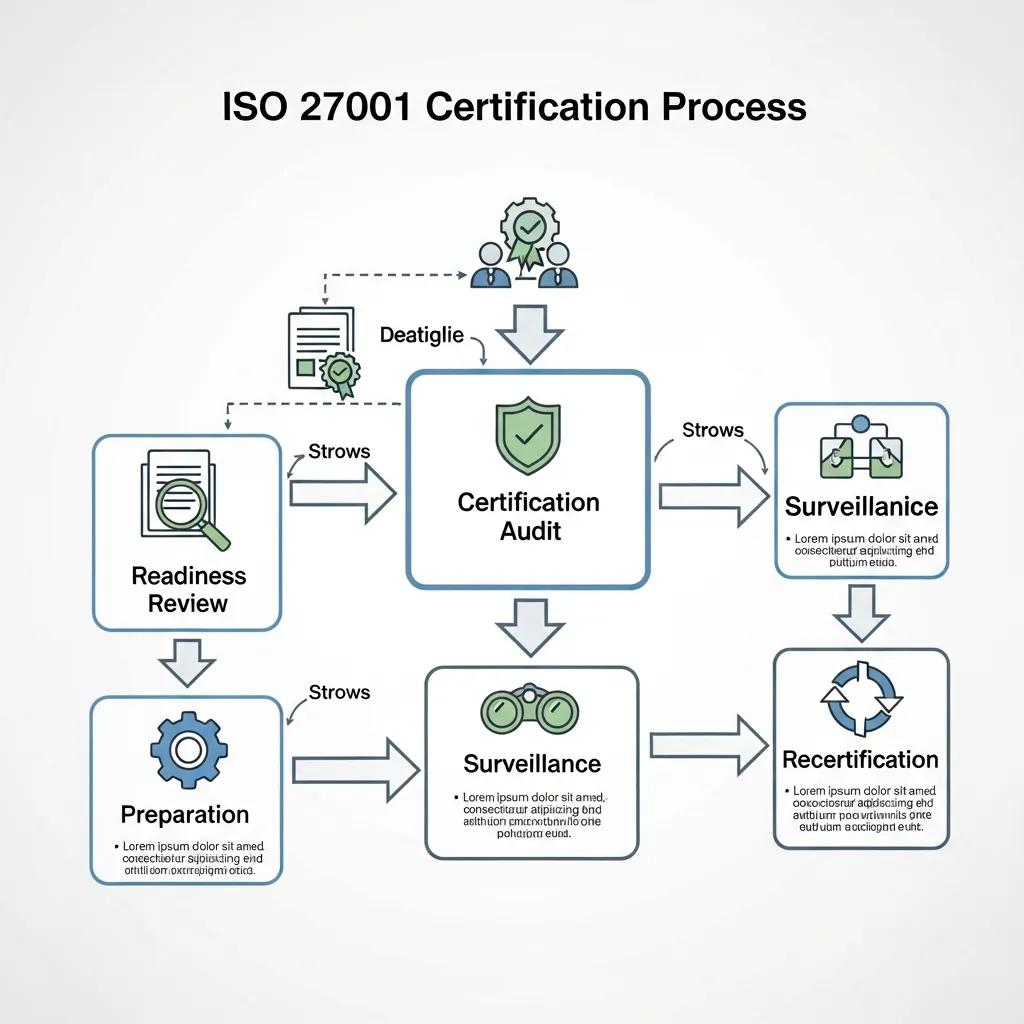 Flowchart illustrating the ISO 27001 certification process with key steps and icons