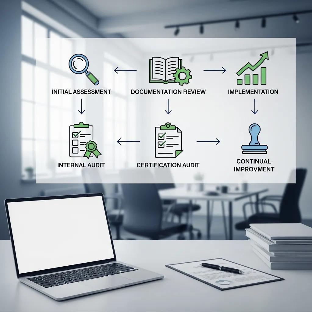 Flowchart illustrating the ISO 9001 certification process in a modern office setting