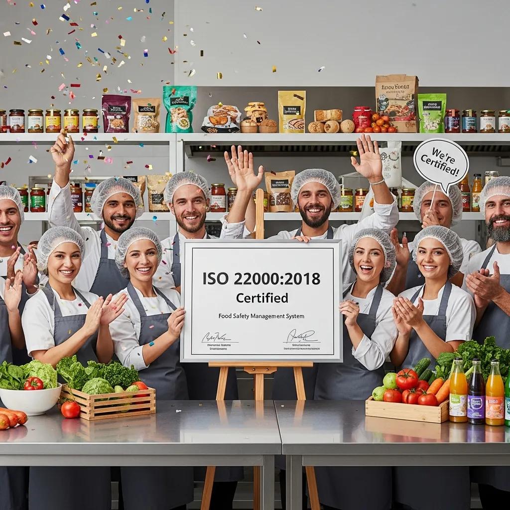 Food business team celebrating ISO 22000 certification success