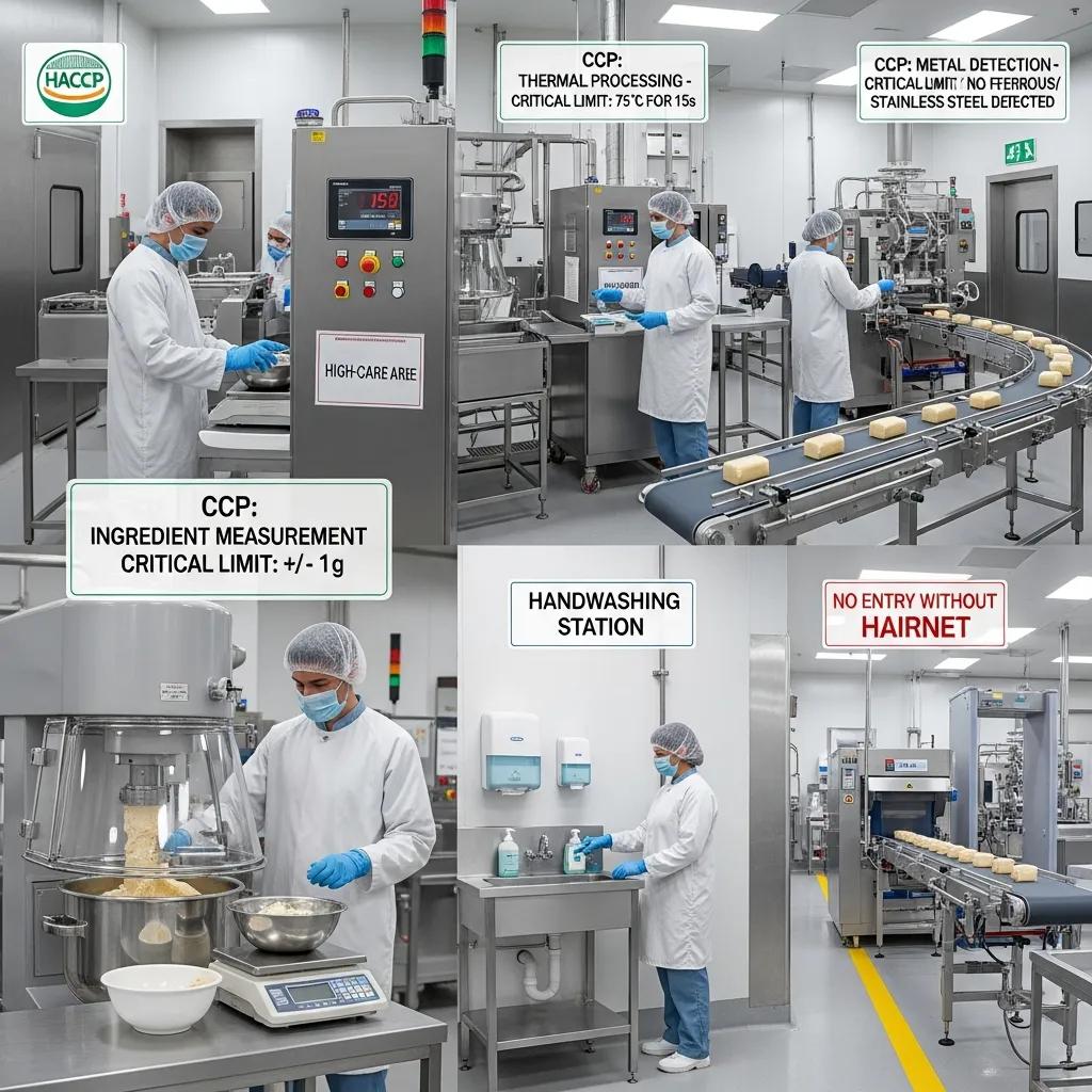 Food production facility illustrating HACCP control points and safety measures