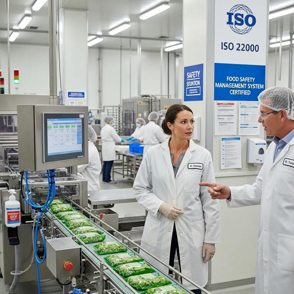 Food safety auditor inspecting a production line for ISO 22000 compliance