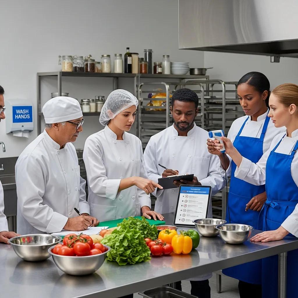 Food safety professionals collaborating in a kitchen, emphasizing ISO 22000 standards