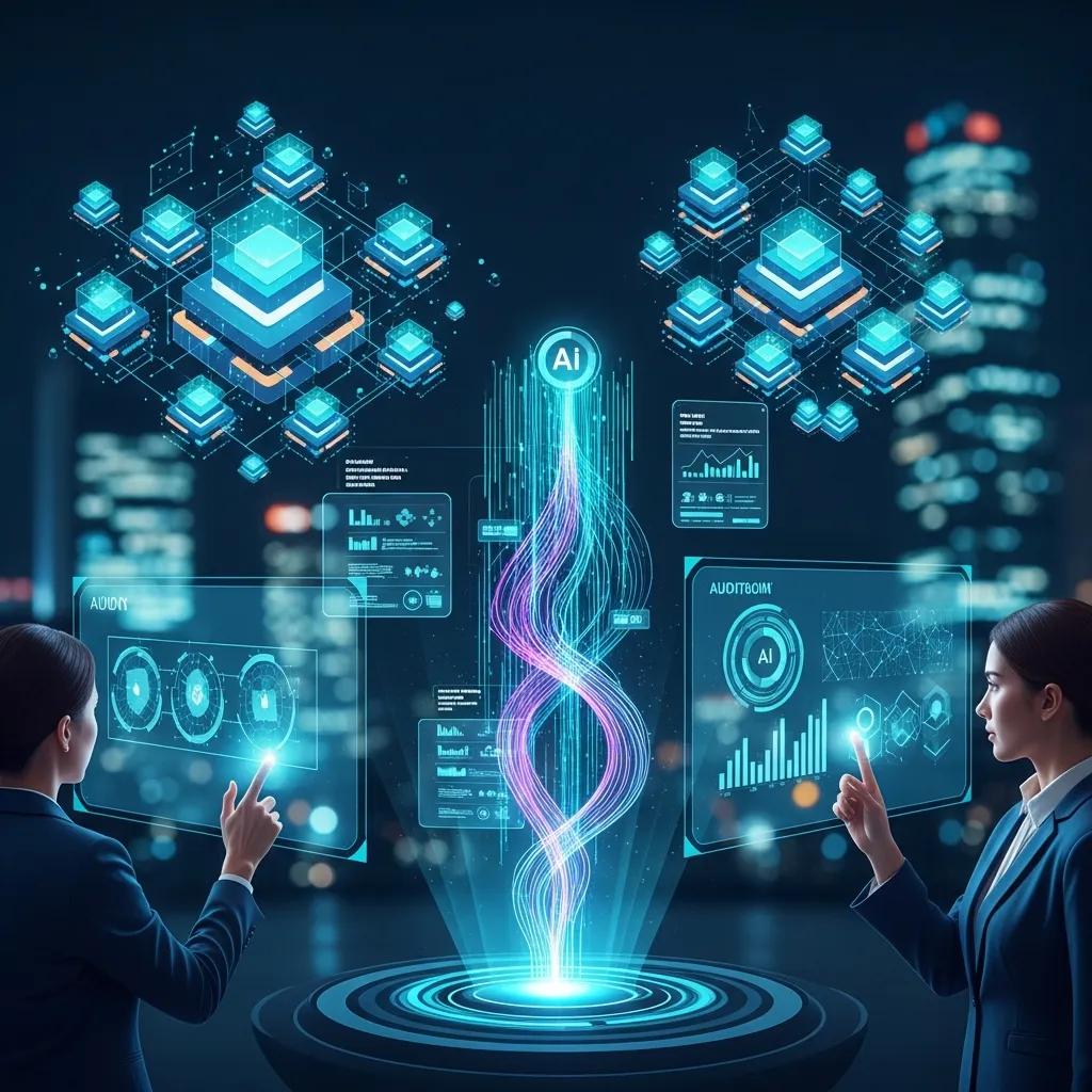 Futuristic audit environment illustrating AI and blockchain integration