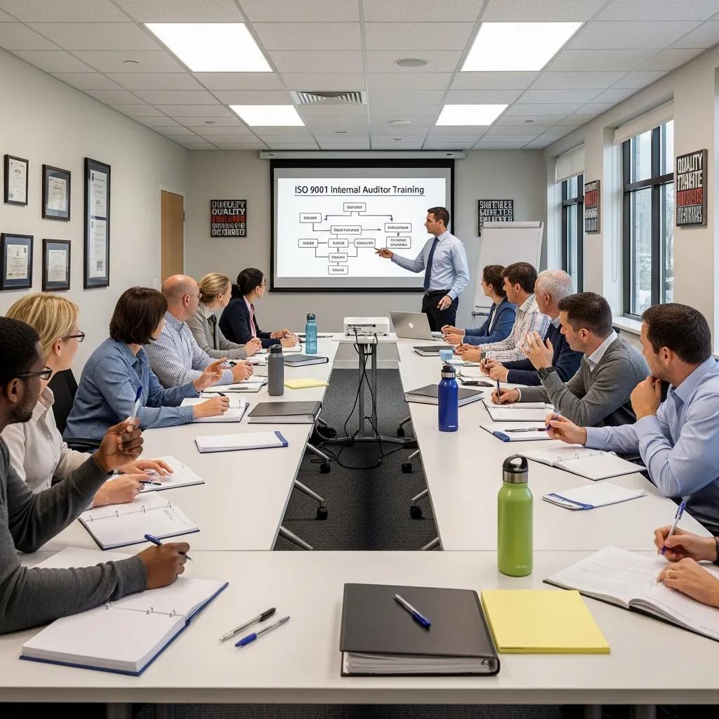 Group of professionals participating in ISO 9001 Internal Auditor Training, discussing audit strategies in a collaborative environment