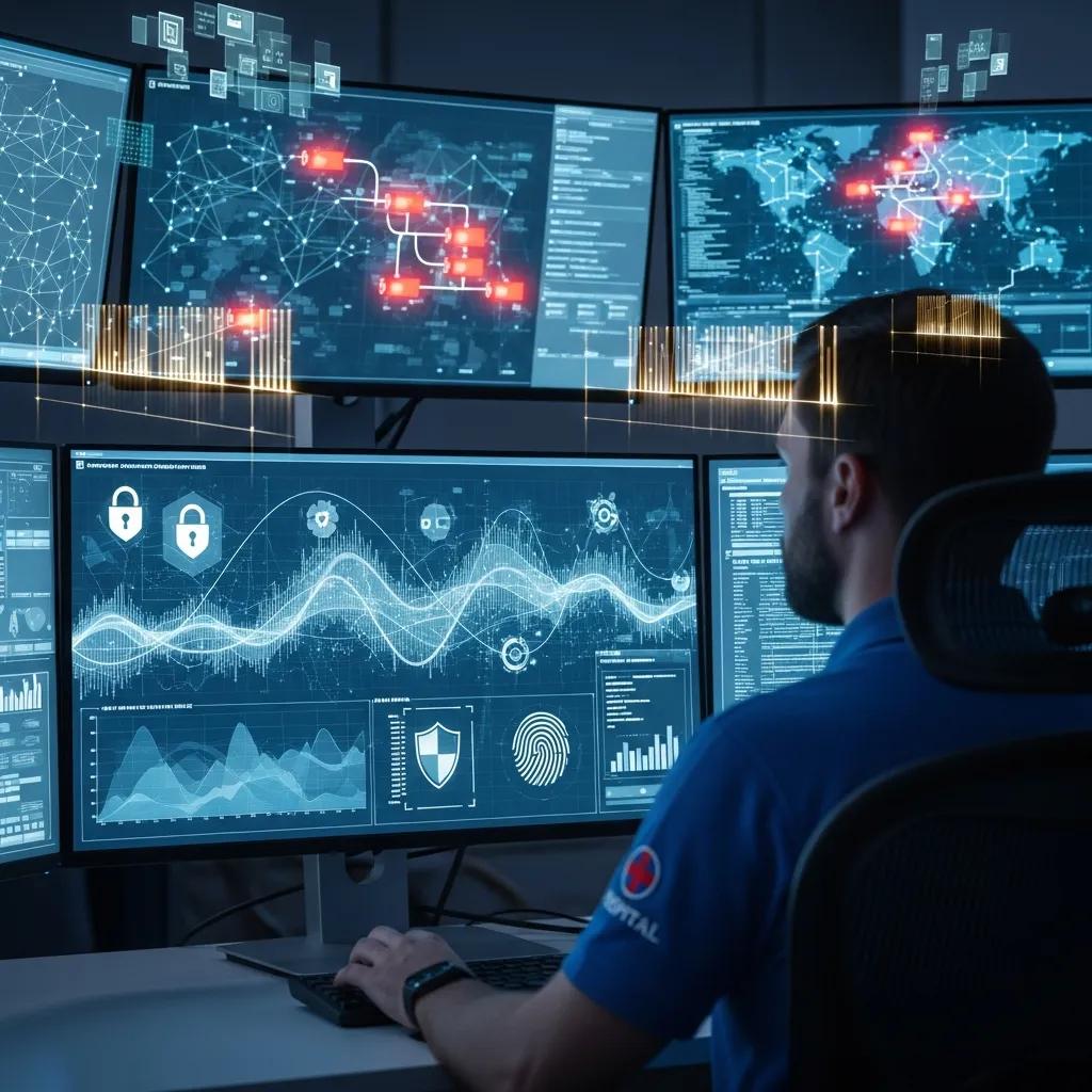 Healthcare IT professional monitoring patient data security with protective measures in a modern healthcare environment