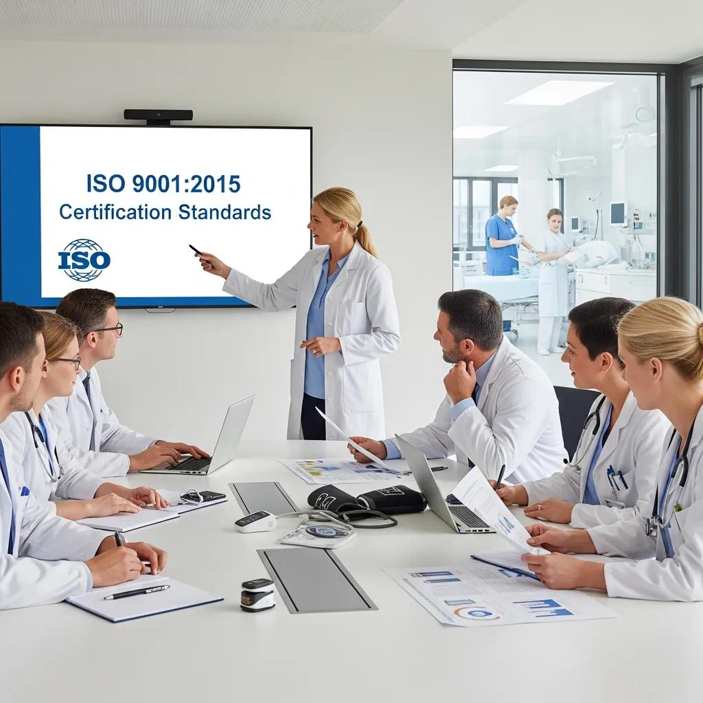 Healthcare professionals collaborating on ISO certification standards in a hospital setting