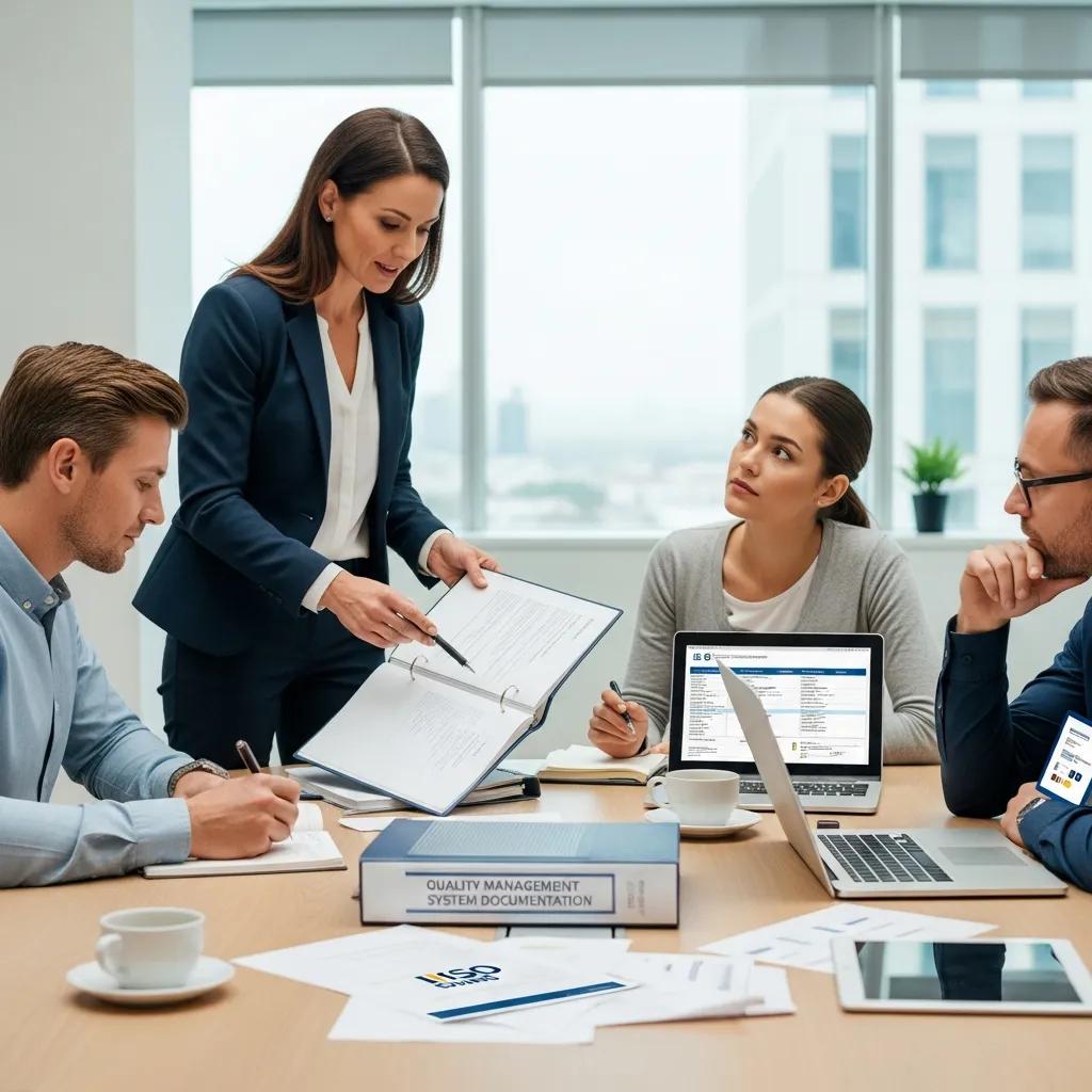 ISO 9001 certification consultant guiding a team in a quality management discussion