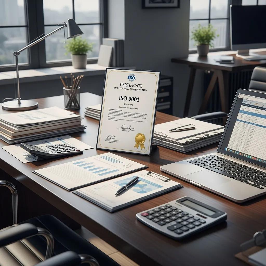ISO 9001 certification displayed on a desk with business documents