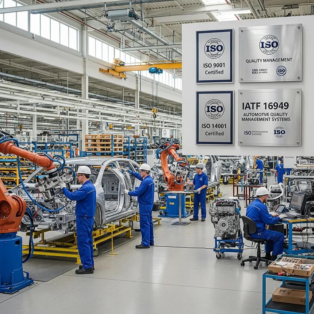 ISO certification plaques in a modern automotive manufacturing facility highlighting quality standards