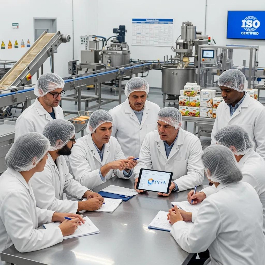 ISO certification professionals collaborating in a food processing facility