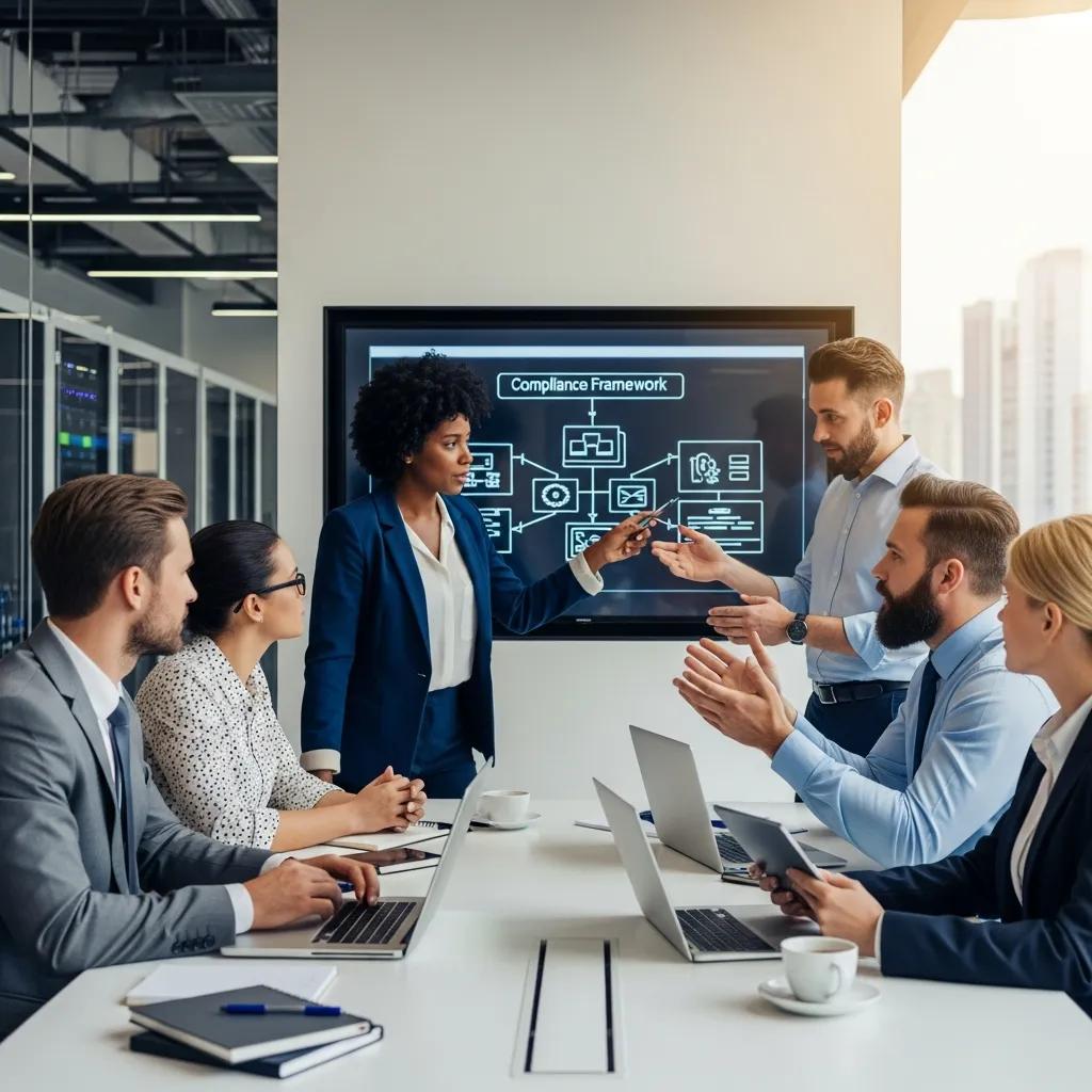 IT leaders collaborating on compliance management strategies in a modern office