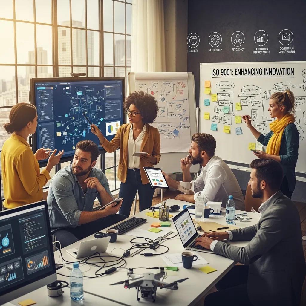 IT professionals brainstorming innovative solutions while adhering to ISO 9001 standards