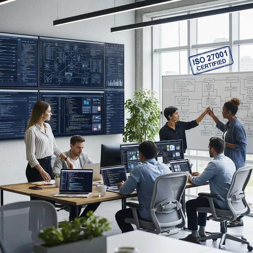 IT team collaborating in a modern office, emphasizing ISO certification processes