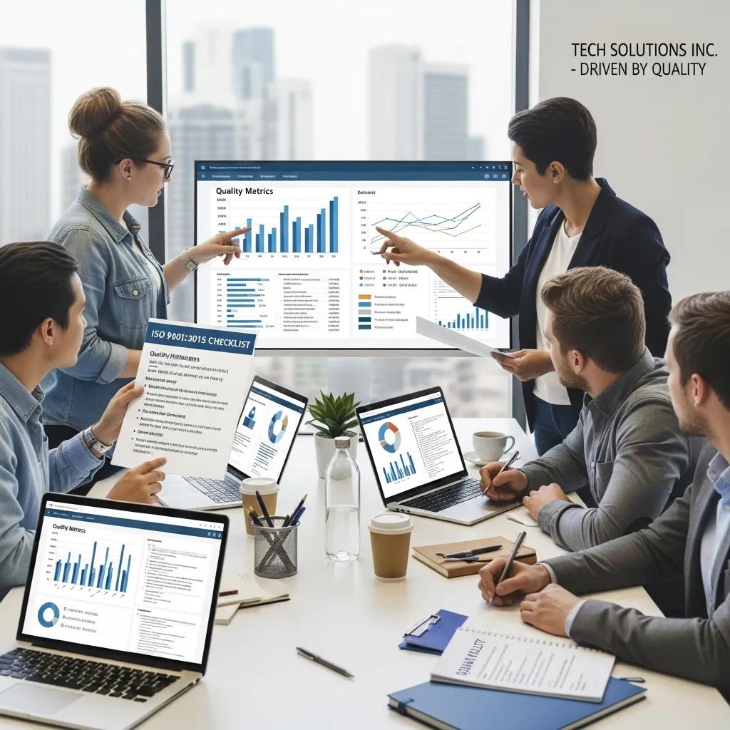 IT team discussing quality management metrics related to ISO 9001