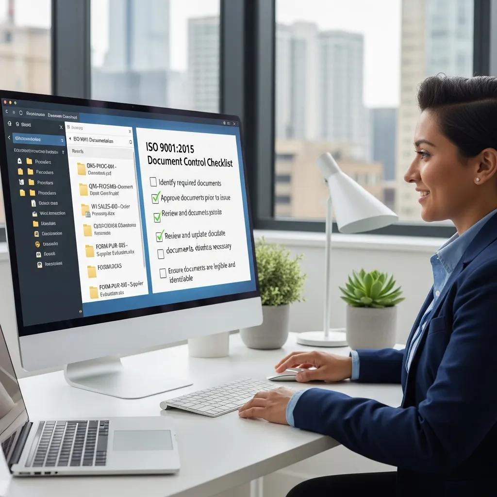 Person managing ISO 9001 document control using digital tools
