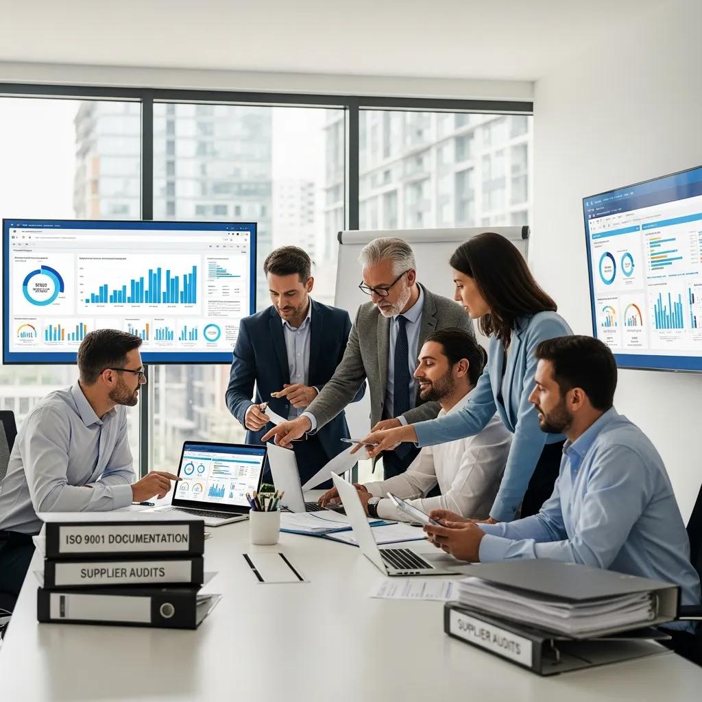 Procurement team analyzing ISO 9001 documents in a modern office