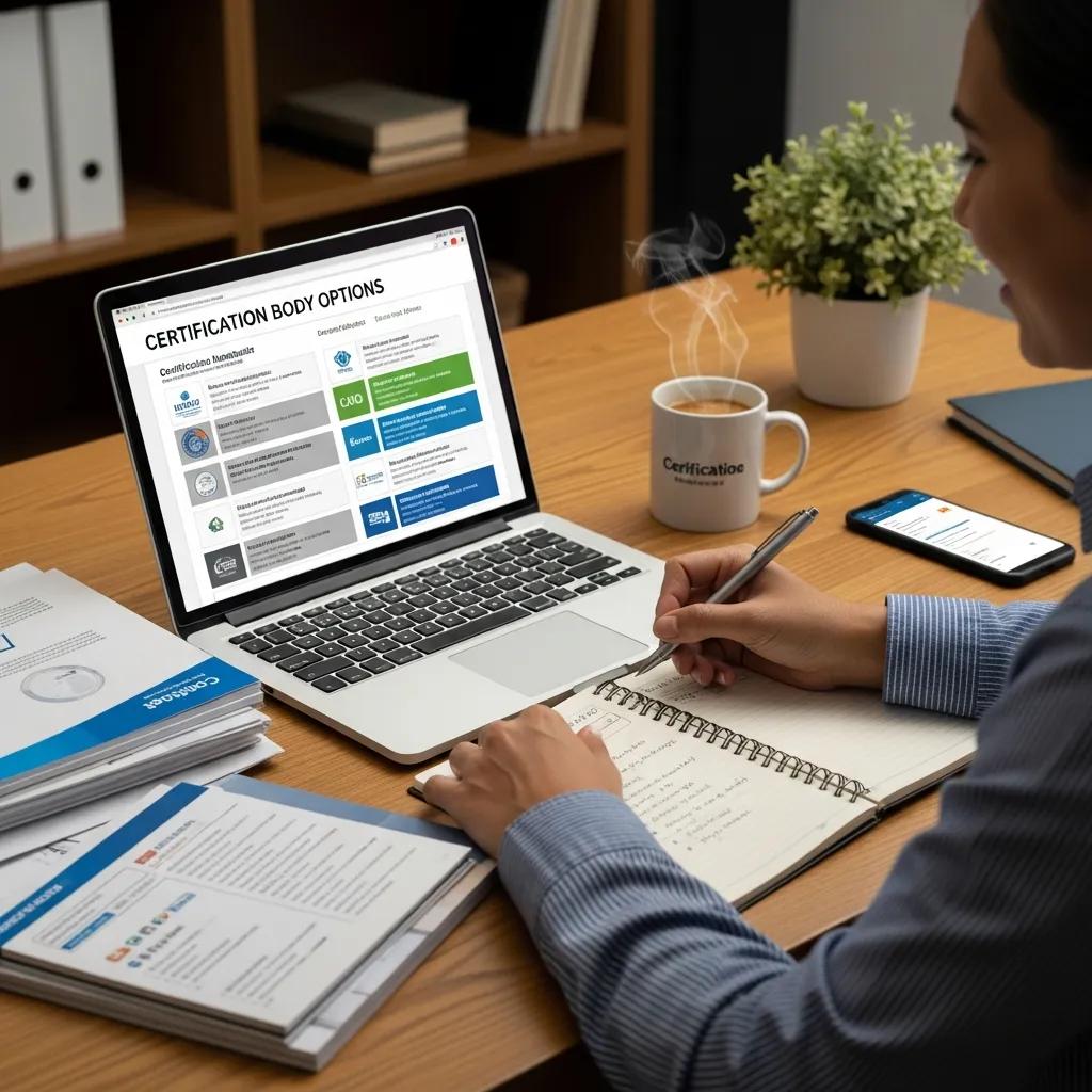 Professional evaluating certification body options for ISO 9001 re-certification