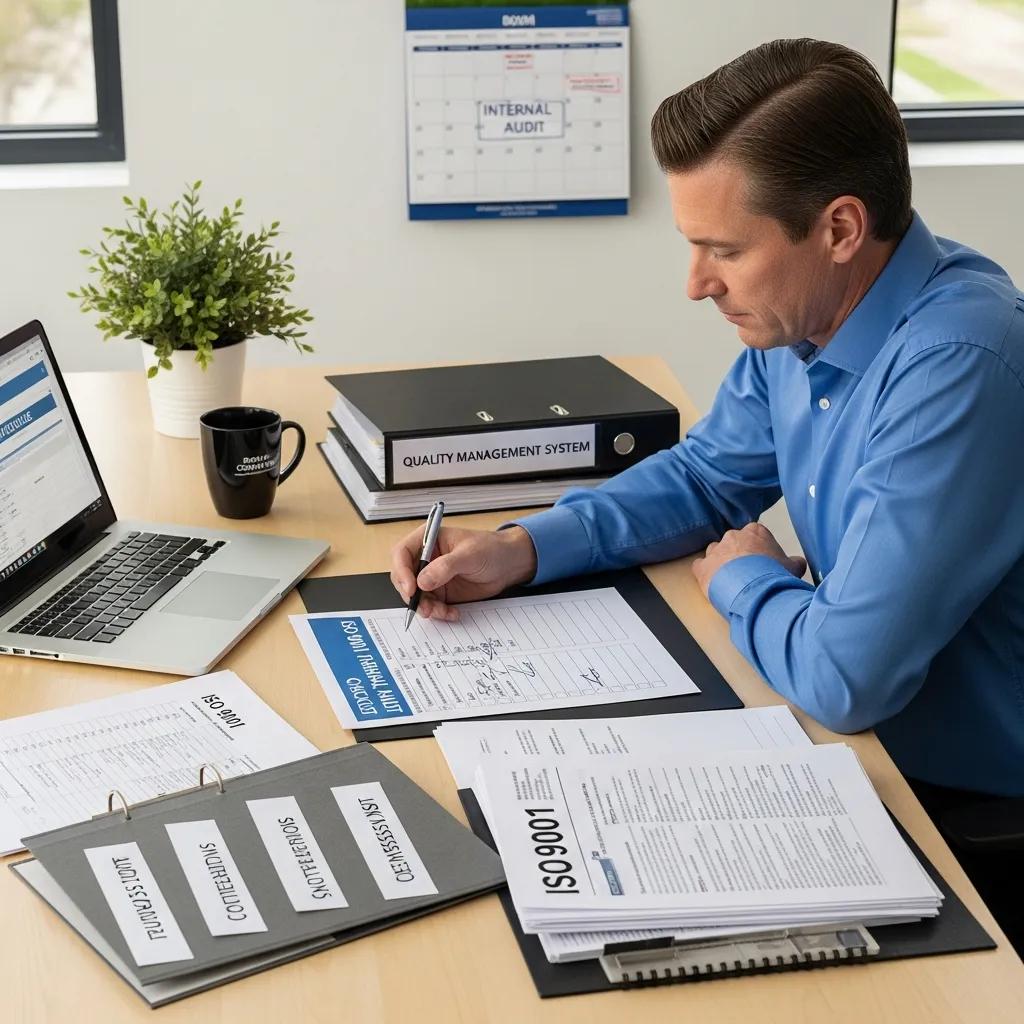 Professional preparing for an ISO 9001 internal audit with checklist and documents
