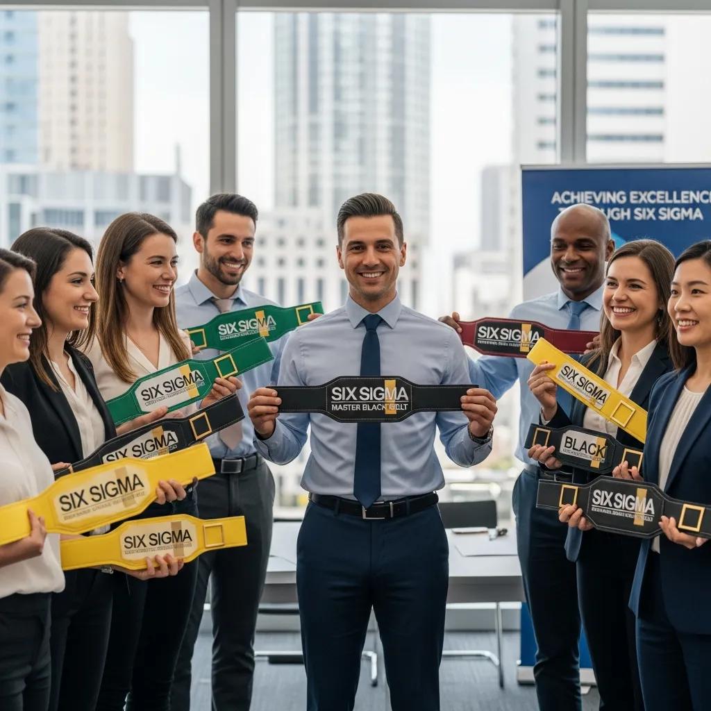 Professionals celebrating Six Sigma certification achievements in a professional setting