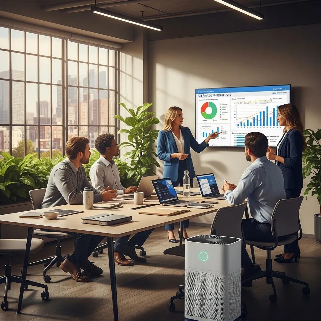Professionals collaborating on energy management strategies in a modern office setting
