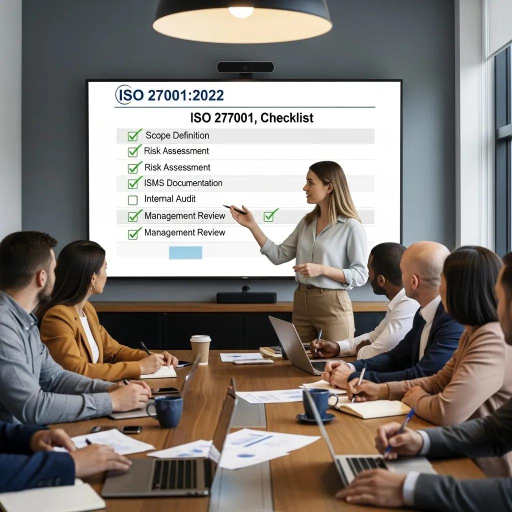 Project manager leading a team meeting on ISO 27001:2022 implementation steps