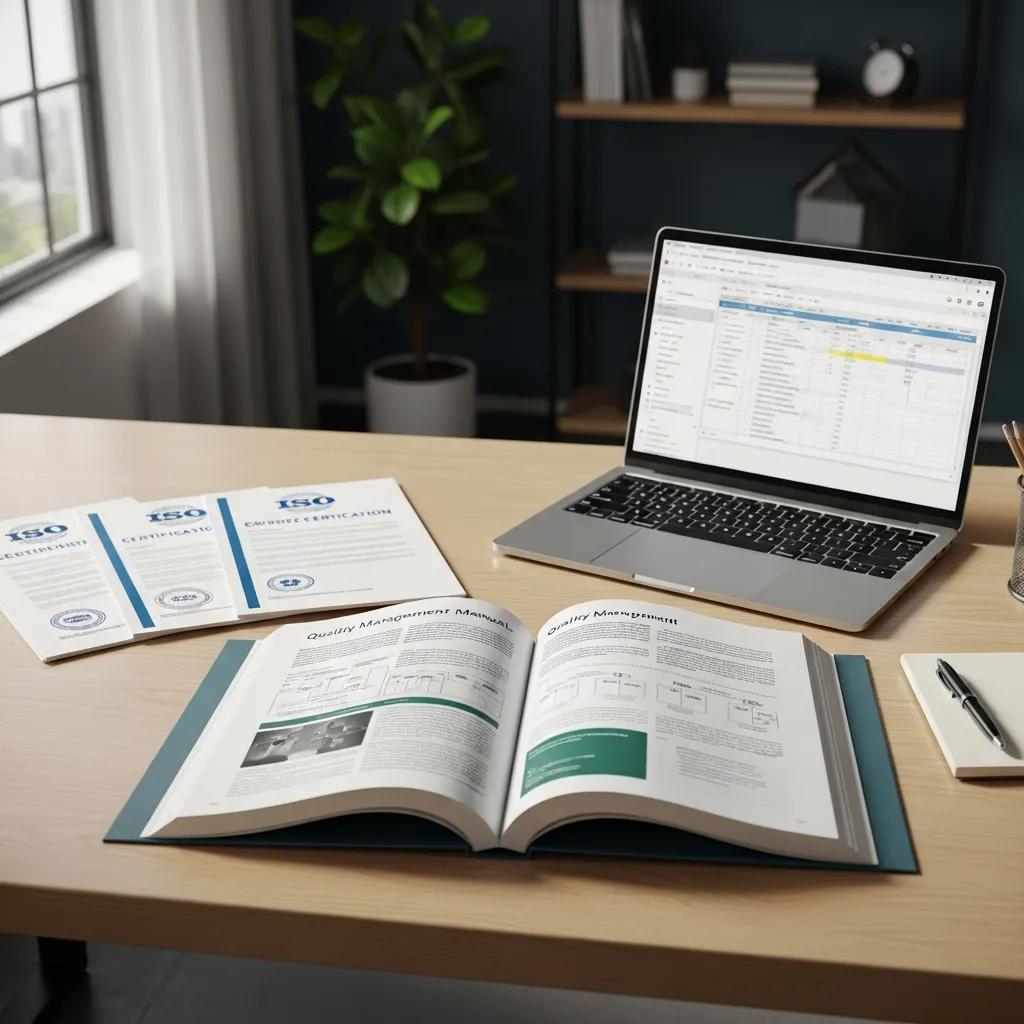 Quality management manual on a desk with ISO 9001 certification documents and a laptop, representing organizational professionalism