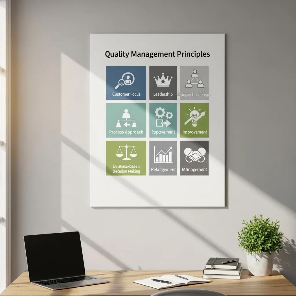 Quality management principles chart displayed in an organized office environment