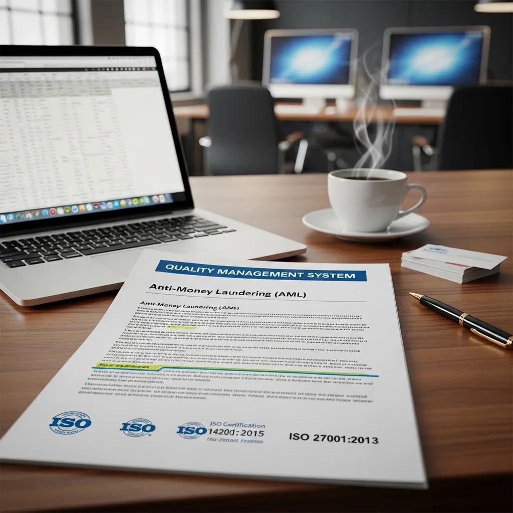 Quality management system document showcasing ISO certification in a professional workspace