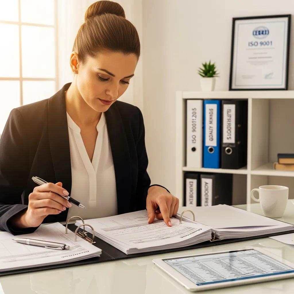 Quality manager examining ISO 9001 certification documents, emphasizing professionalism and attention to detail