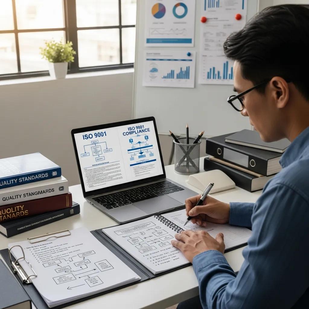 Quality manager performing gap analysis for ISO 9001 compliance in an office