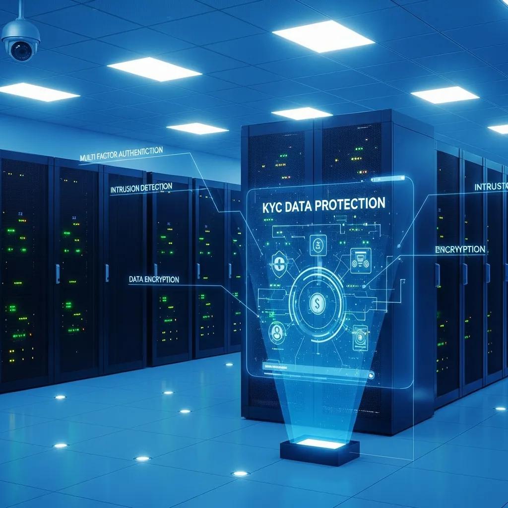 Secure data center showcasing technology used for protecting KYC data in AML compliance