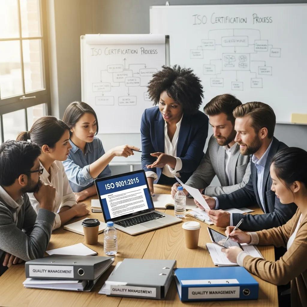 Service professionals collaborating on ISO certification in a modern office