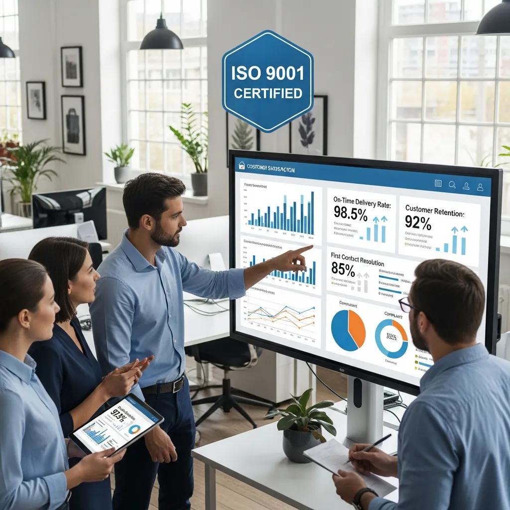 Service team reviewing performance metrics related to ISO 9001 benefits