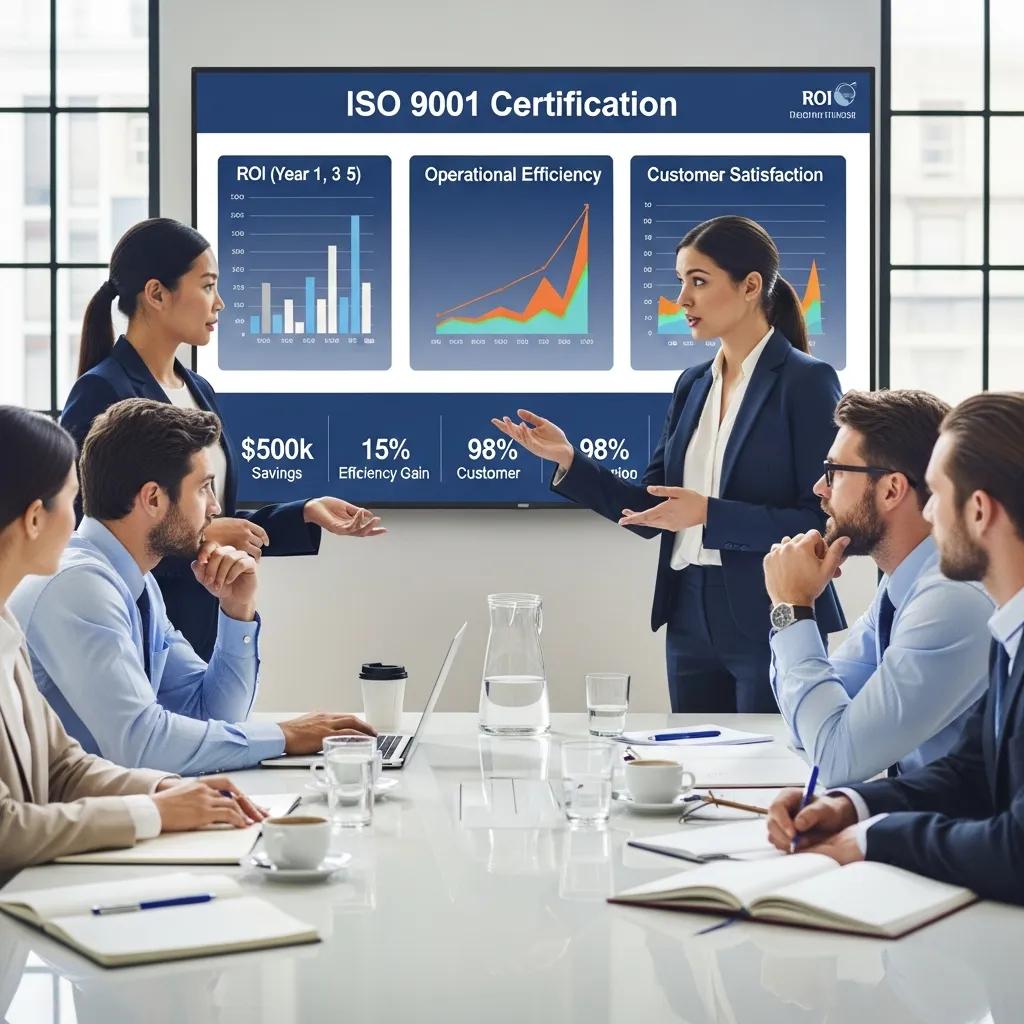 Stakeholders discussing the ROI of ISO 9001 certification in a business meeting