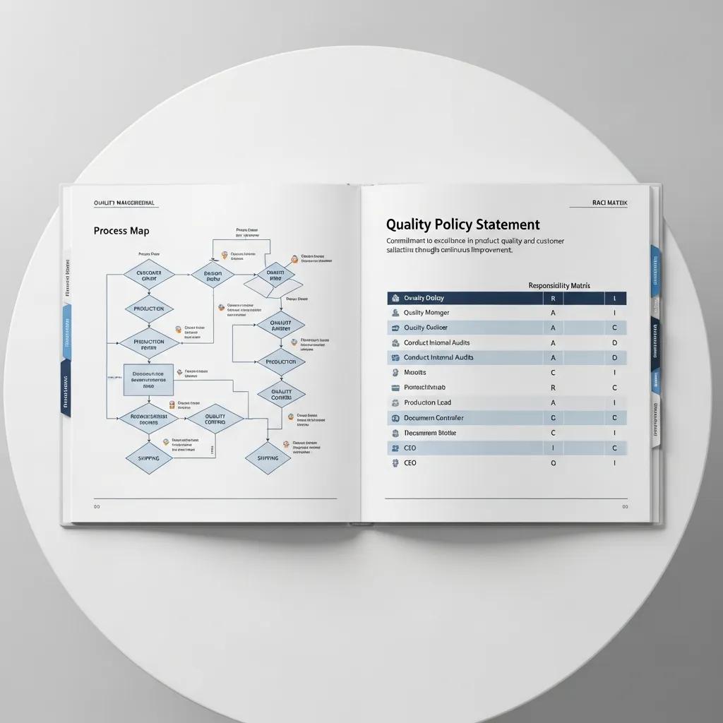 Structured layout of a quality management manual with defined sections, illustrating clarity and organization
