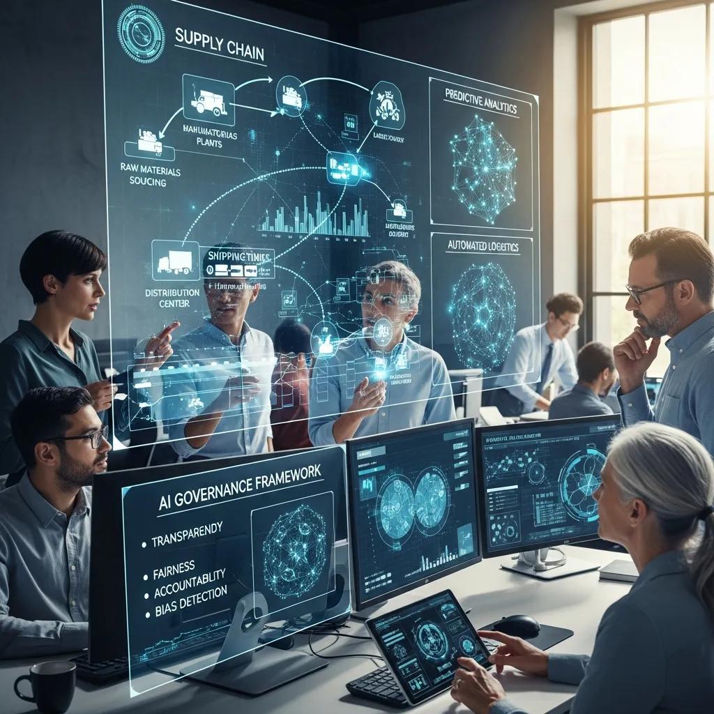 Team analyzing AI governance and supply chain management in a modern office