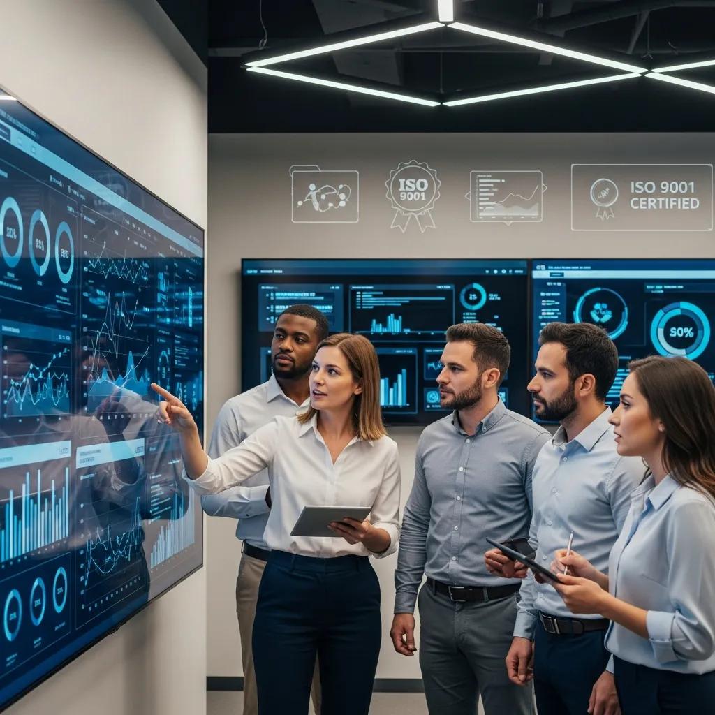 Team analyzing data to support ISO 9001 quality management in digital businesses